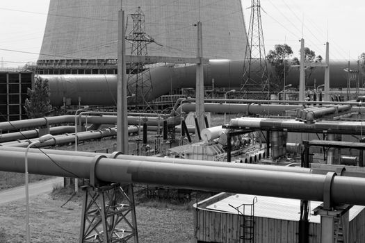 industrial pipes in a electricity power plant in bw color