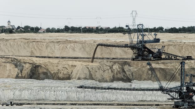 Coal mining in an open pit with huge industrial machine