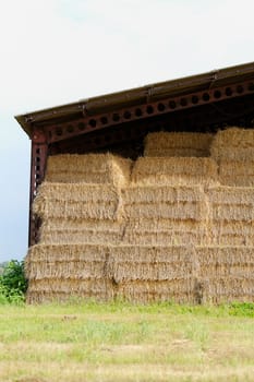 straw bales under the roof in the meadow