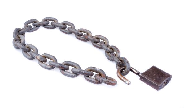 chain and unlocked padlock on white background