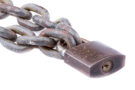 close-up chain and padlock on white background