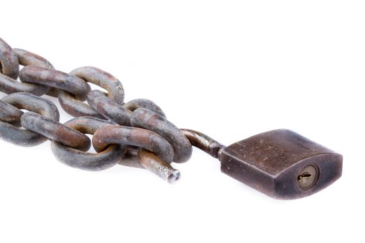 close-up chain and unlocked padlock on white background