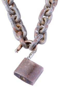 close-up chain and unlocked padlock on white background