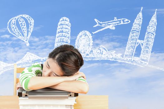 Asian woman dreaming about travel and holiday