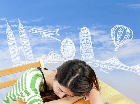 Asian woman dreaming about travel and holiday