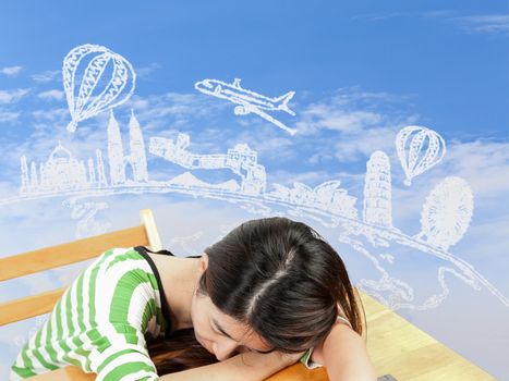 Asian woman dreaming about travel and holiday