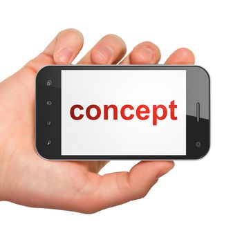 Marketing concept: hand holding smartphone with word Concept on display. Generic mobile smart phone in hand on White background.