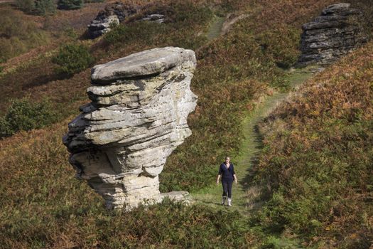 One of the weathered sandstone formations at Bridestones in a moorland part of Dalby Forest in North Yorkshire in the United Kingdom.
