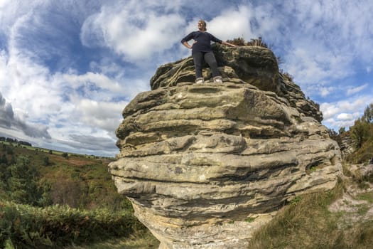 One of the weathered sandstone formations at Bridestones in a moorland part of Dalby Forest in North Yorkshire in the United Kingdom.