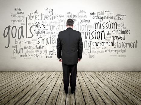 An image of a business man and a strategy text cloud on the wall