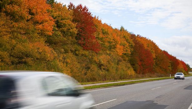 Traffic on a Danish highway late autumn afternoon