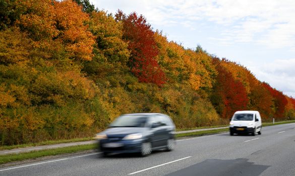 Traffic on a Danish highway late autumn.