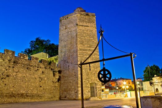 Zadar stone tower night view, Five wells square, Dalmatia, Croatia