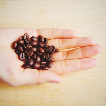 Close up of a hand full of coffee beans with retro filter effect