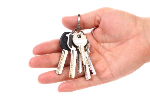 Bunch of keys are on a hand. White background.