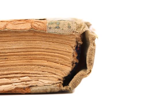 Binding of old book. Close up. White background.