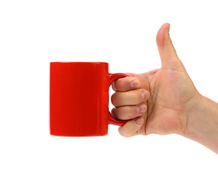 Hand hold red mug. Isolated on a white background.