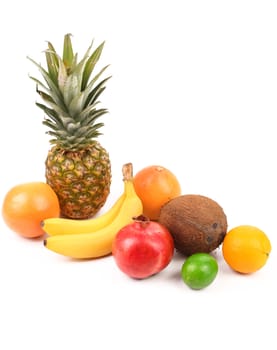 Fruits composition. Grapefruit, pineapple, bananas, pomegranate, orange, coconut, lime, lemon.