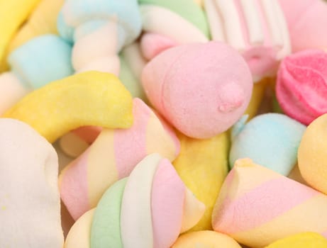 Different colorful marshmallow. Close up. Whole background.