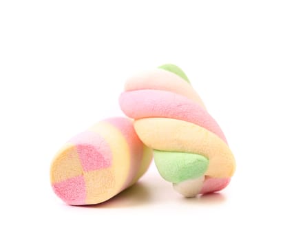 Two different colorful marshmallow. Close up. White background.