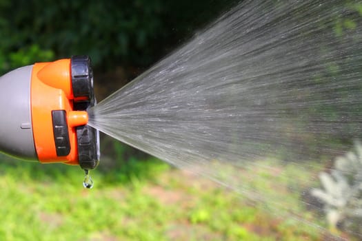 Watering the garden of universal sptay gun. Close up.