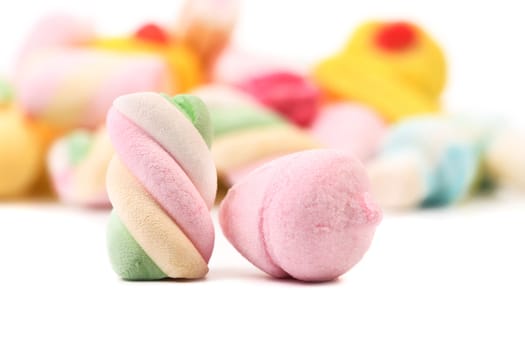 Different colorful marshmallow. Close up. White background.