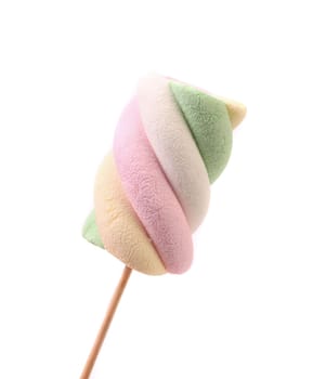 One colourful marshmallow on a stick. Close up. White background.