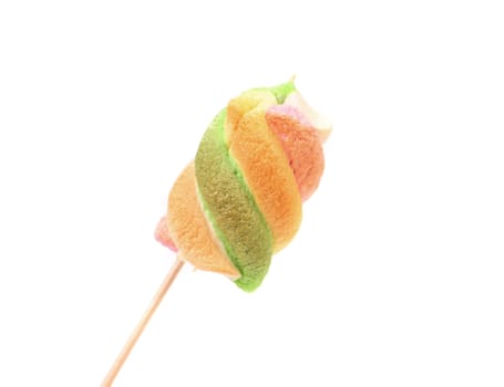 Roasted of marshmallow on a stick. Isolated. White background.