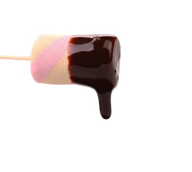Marshmallow in chocolate syrop. Isolated. White background.