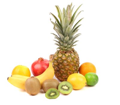 Pineaplle, lemon, kiwi, bananas, coconut, orange. White background.