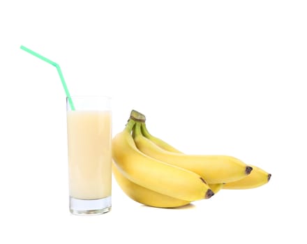 Banana and juice. Close up. White bacground.