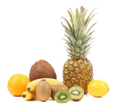 Pineaplle, lemon, kiwi, bananas, coconut, orange. White background.