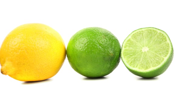 Lemon, lime and slice. Close up. White background.