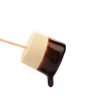 Marshmallow in chocolate syrop. Isolated. White background.