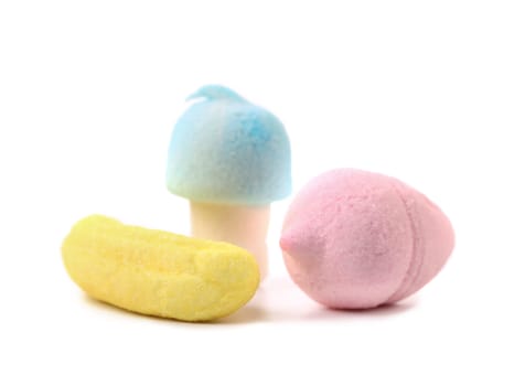 Three different marshmallow. Close up. White background.