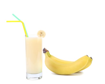 Banana and juice. Close up. White bacground.