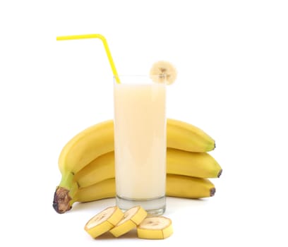 Banana and juice. Close up. White bacground.