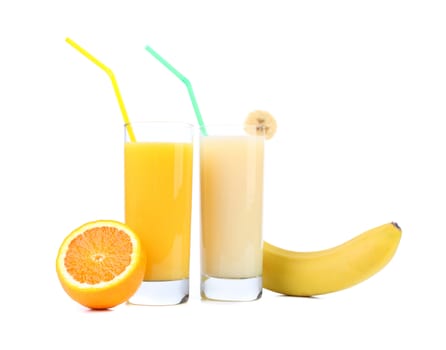 Juices of orange and banana. Fruits. White background.