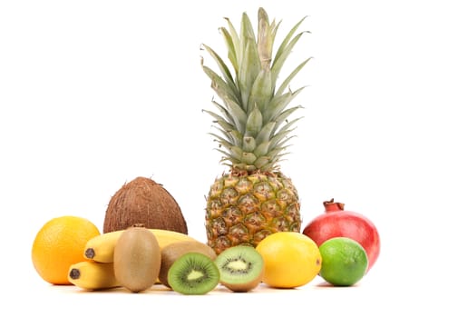 Pineaplle, lemon, kiwi, bananas, coconut, orange. White background.