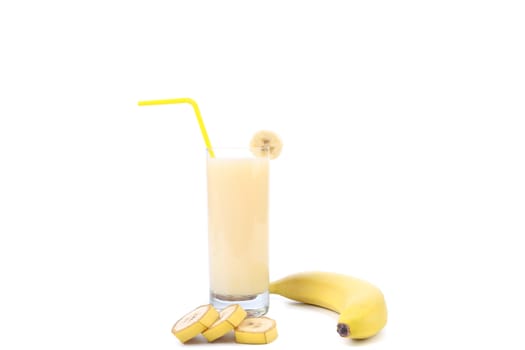Banana and juice. Close up. White bacground.