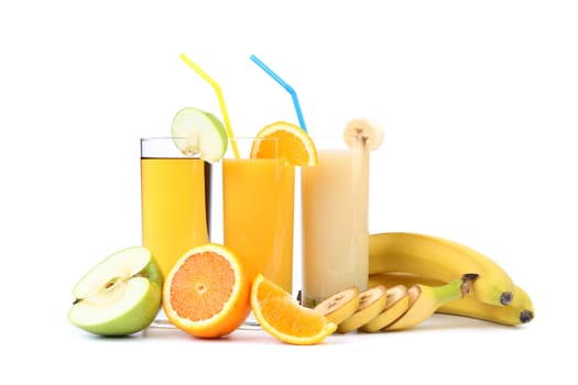 Juices of apple, orange, banana. White background.