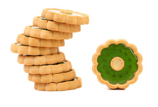 Stack of biscuit with kiwi jam. White background.