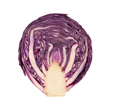 Slice of violet cultivated cabbage. White background.