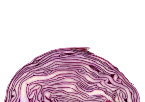 Slice of violet cultivated cabbage. Half background.