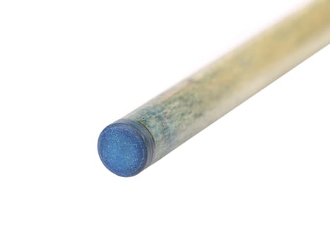 Blue end of wooden cue. White background.