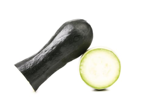 Split fresh marrow sqwash on a white background.
