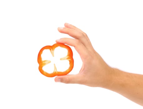 Hand holds slice of red pepper. White background.