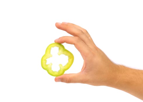 Hand holds slice of green pepper. White background.