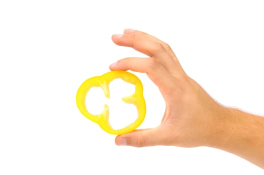 Hand holds slice of yellow pepper. White background.