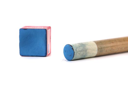 Cue stick with chalk block. White background.